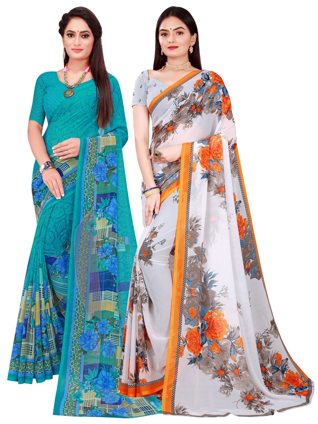 

KALINI White & Turquoise Blue Pure Georgette Saree