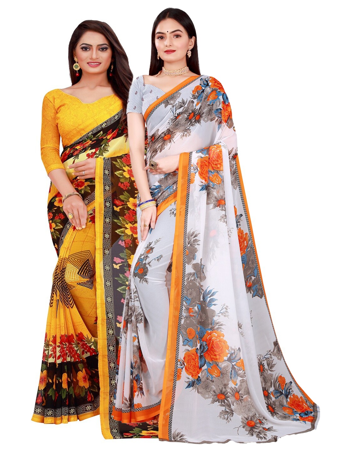 

KALINI White & Yellow Pure Georgette Saree