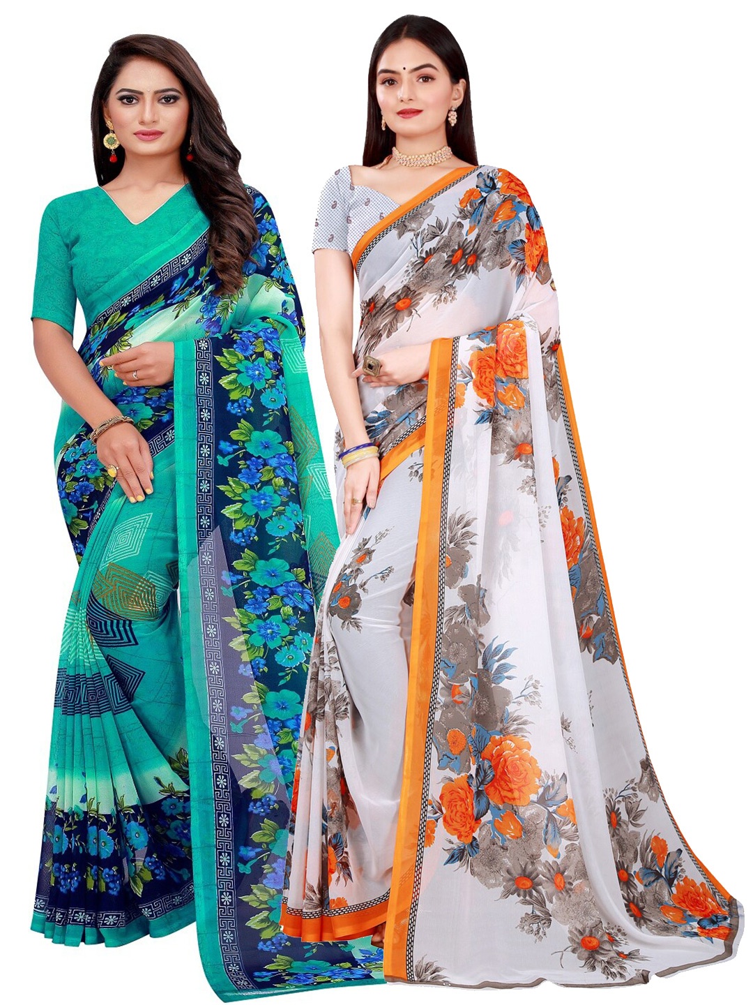 

KALINI White & Navy Blue Pure Georgette Saree