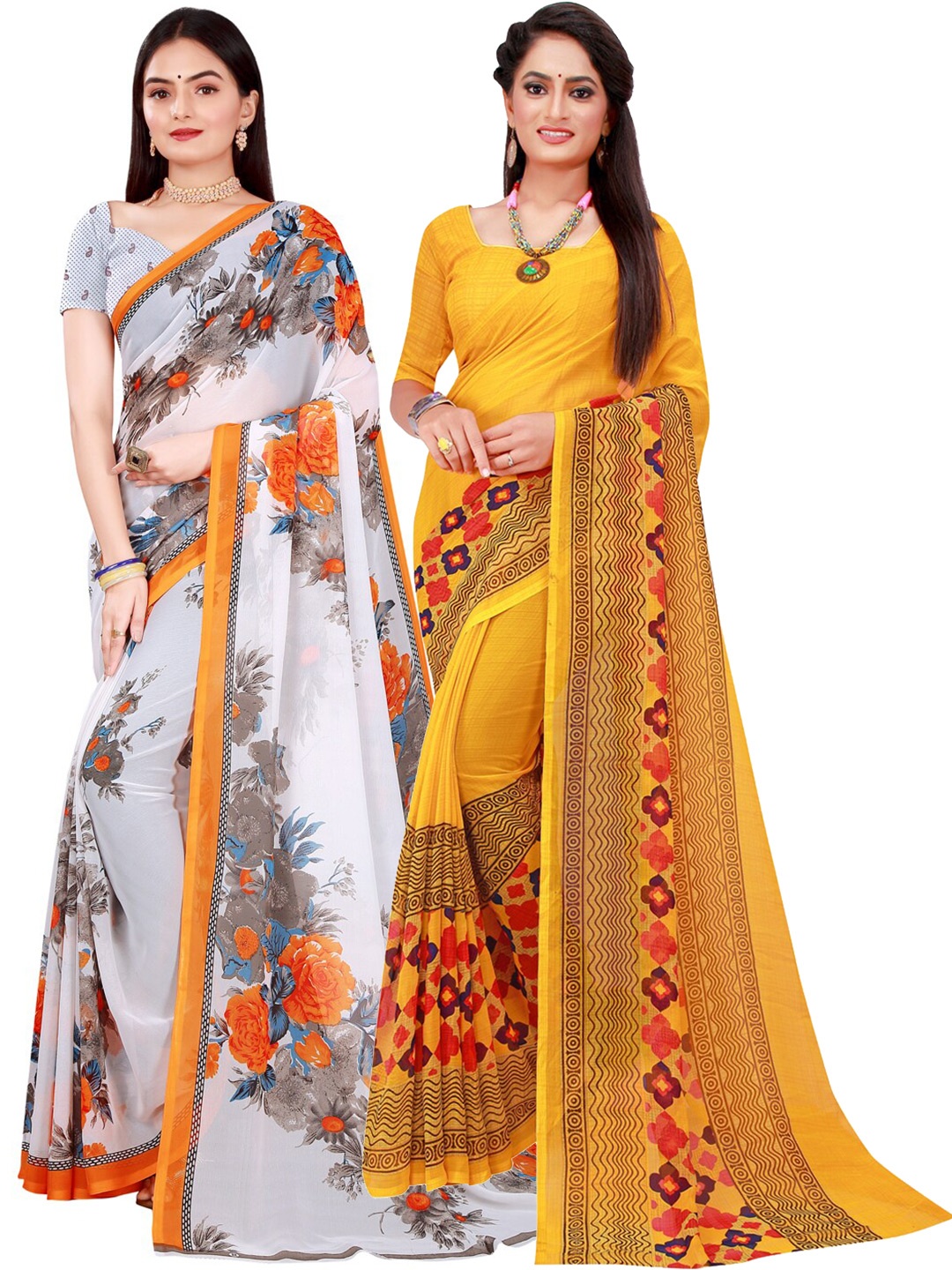 

KALINI White & Yellow Pure Georgette Saree