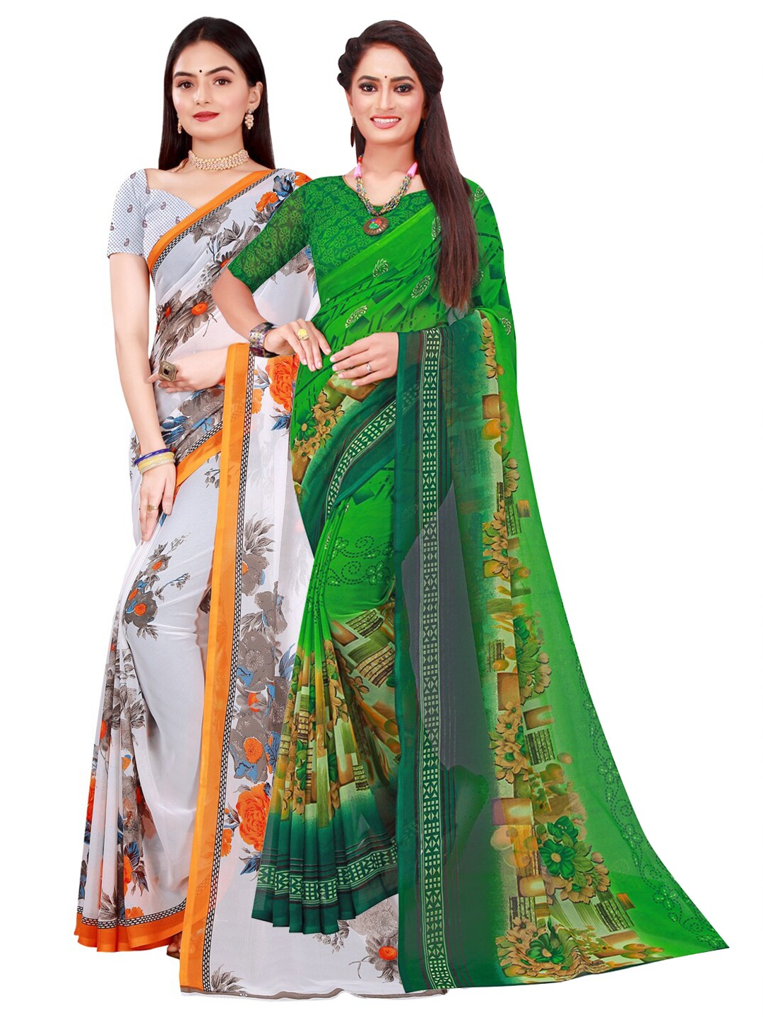 

KALINI White & Green Pure Georgette Saree