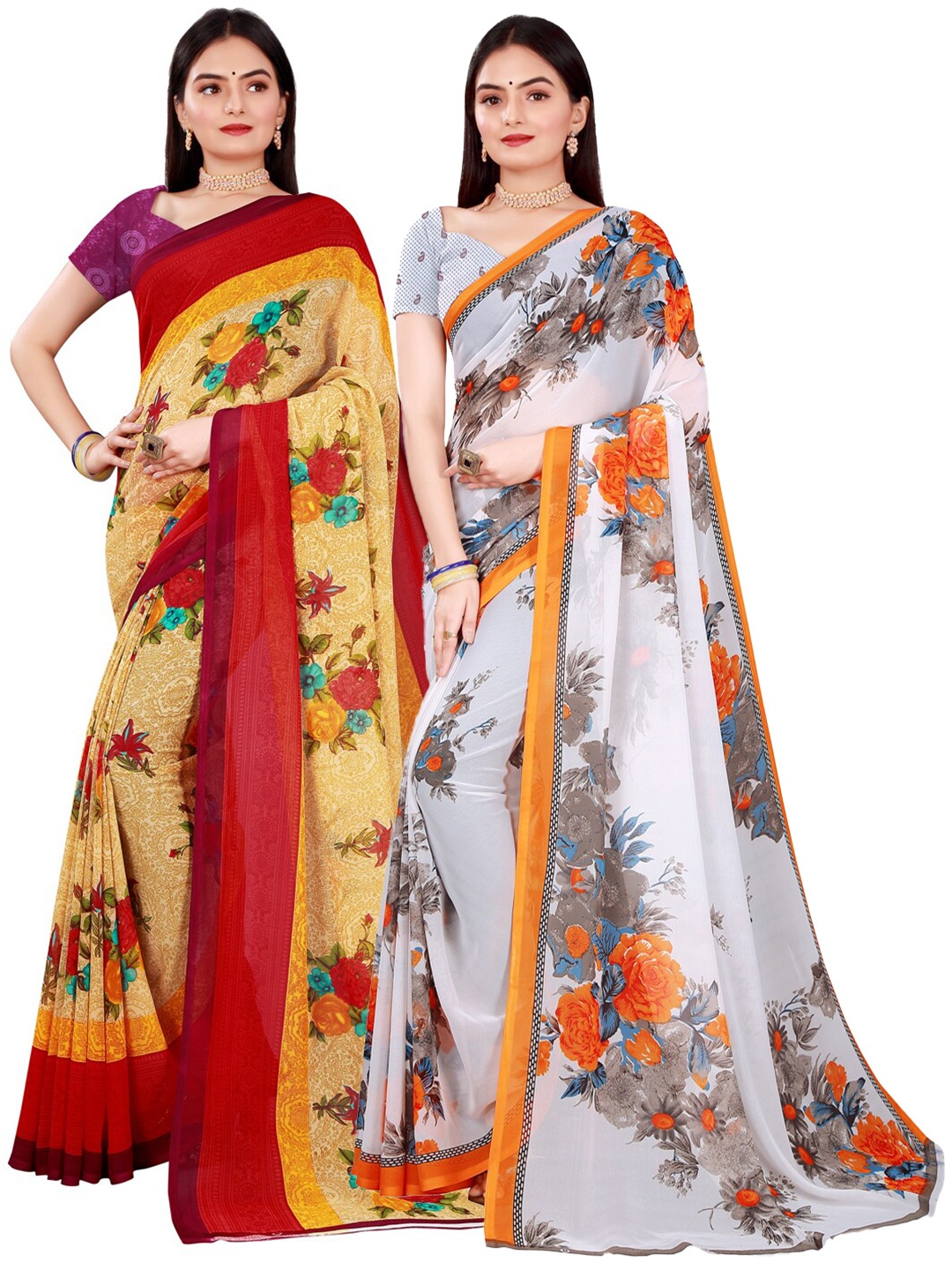 

KALINI White & Yellow Pure Georgette Saree