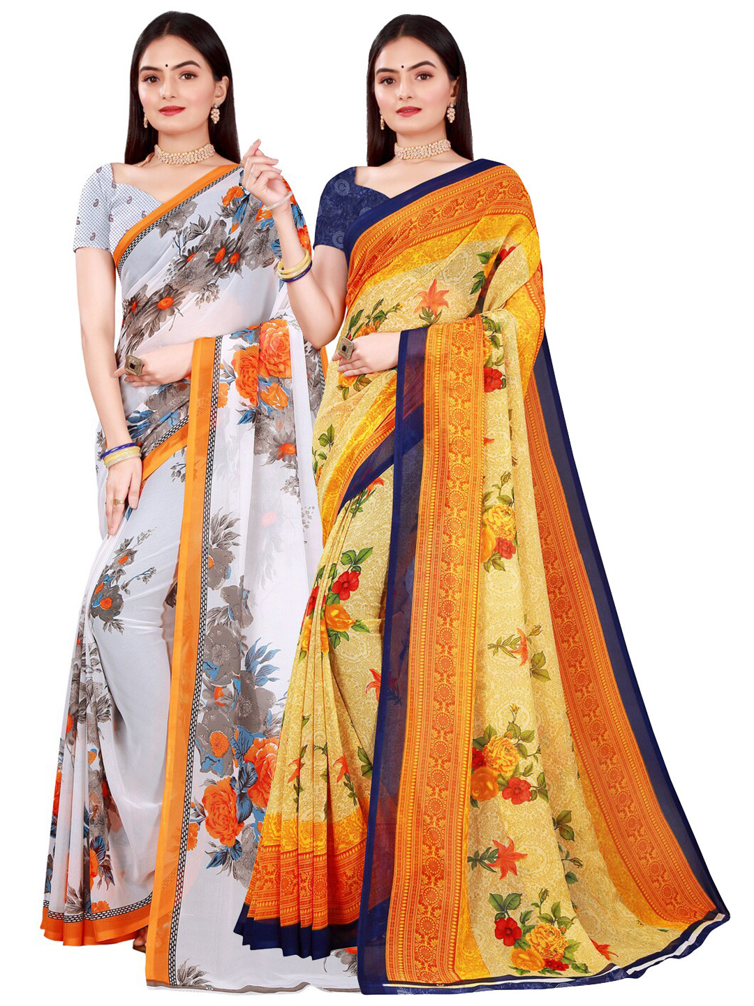 

KALINI White & Yellow Pure Georgette Saree