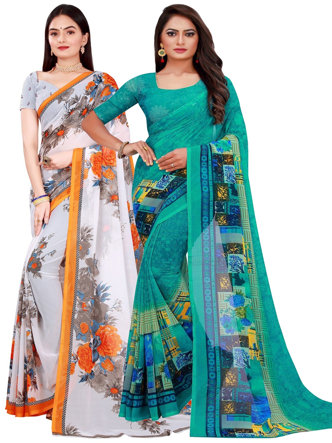 

KALINI White & Green Pure Georgette Saree