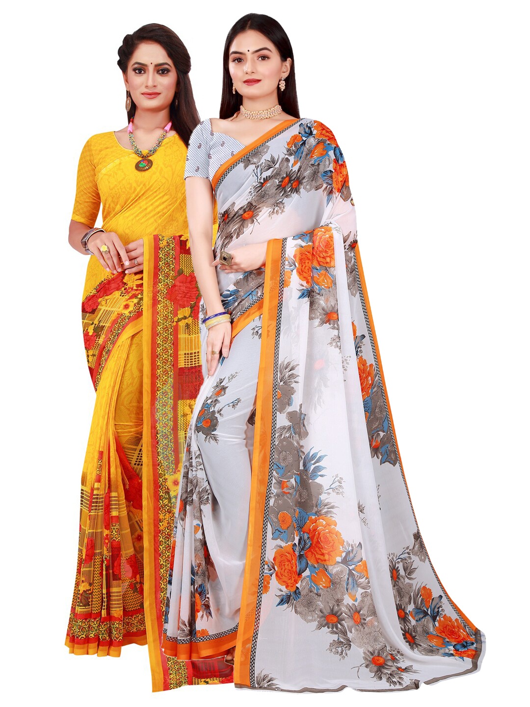 

KALINI White & Yellow Pure Georgette Saree