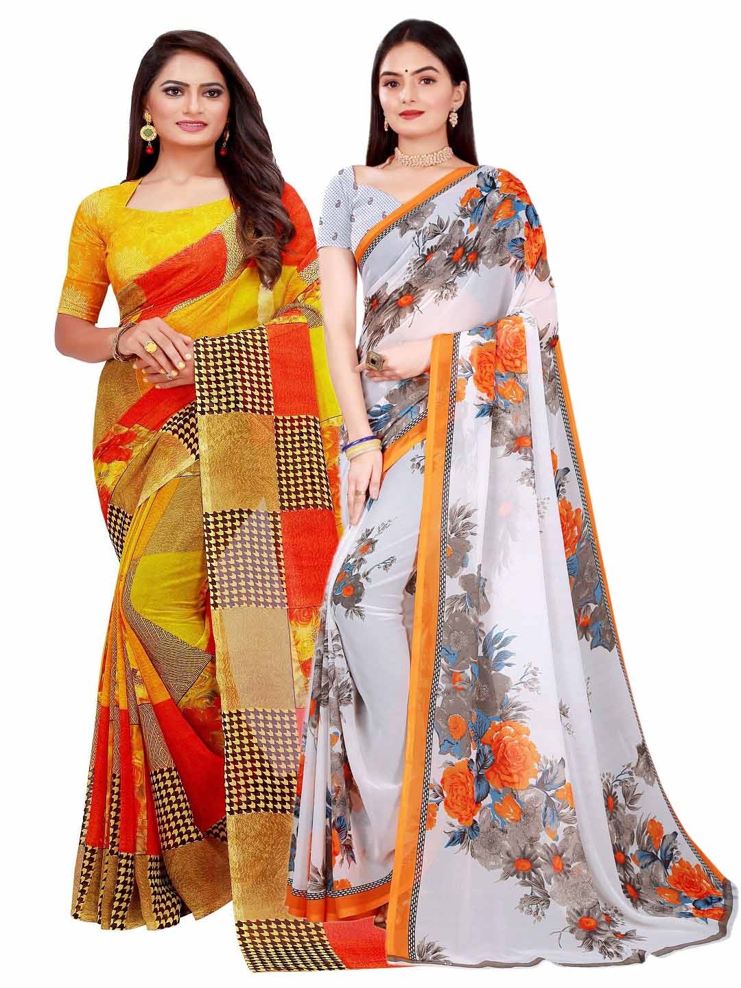 

KALINI White & Yellow Pure Georgette Saree