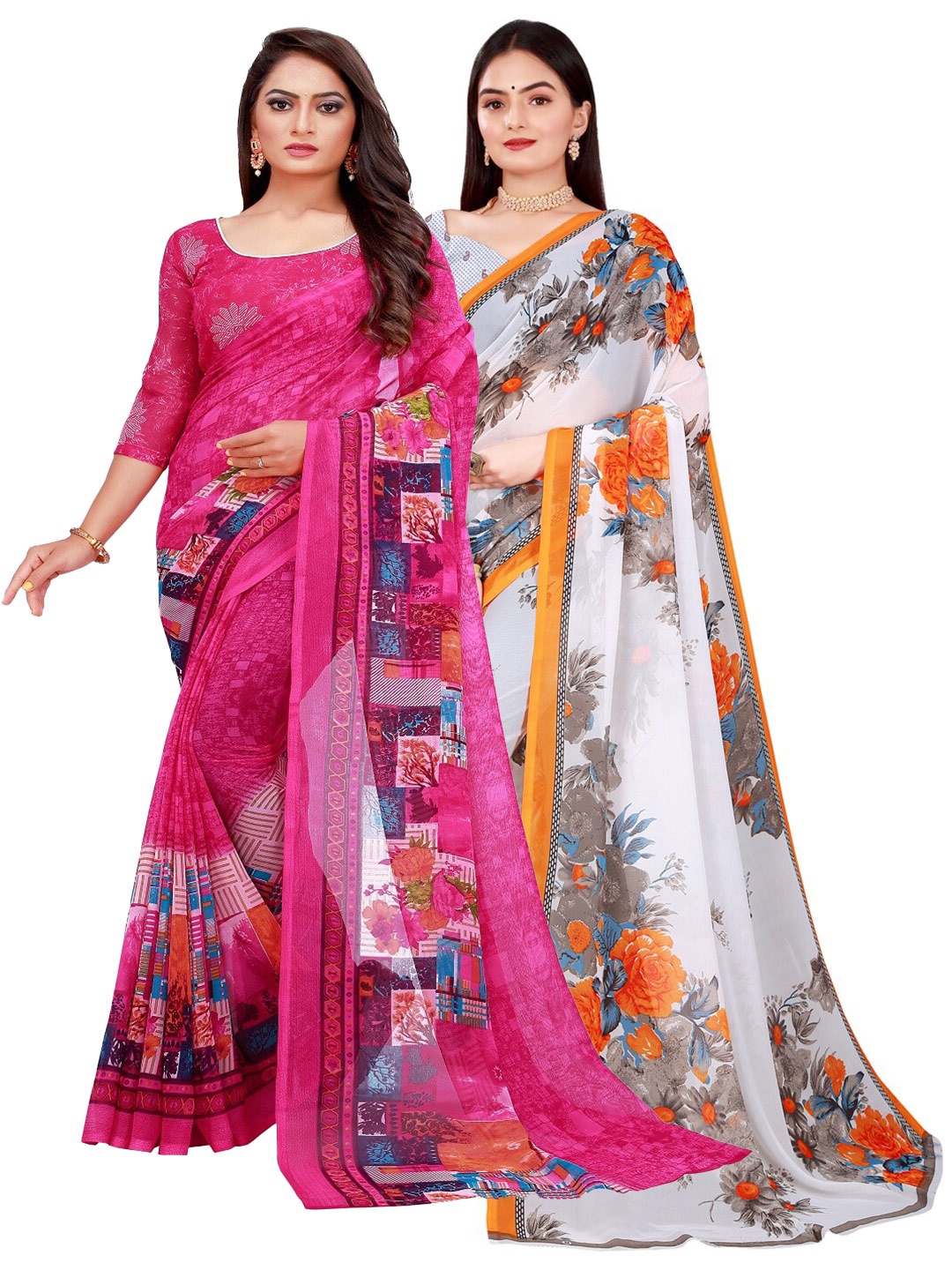 

KALINI White & Pink Pure Georgette Saree
