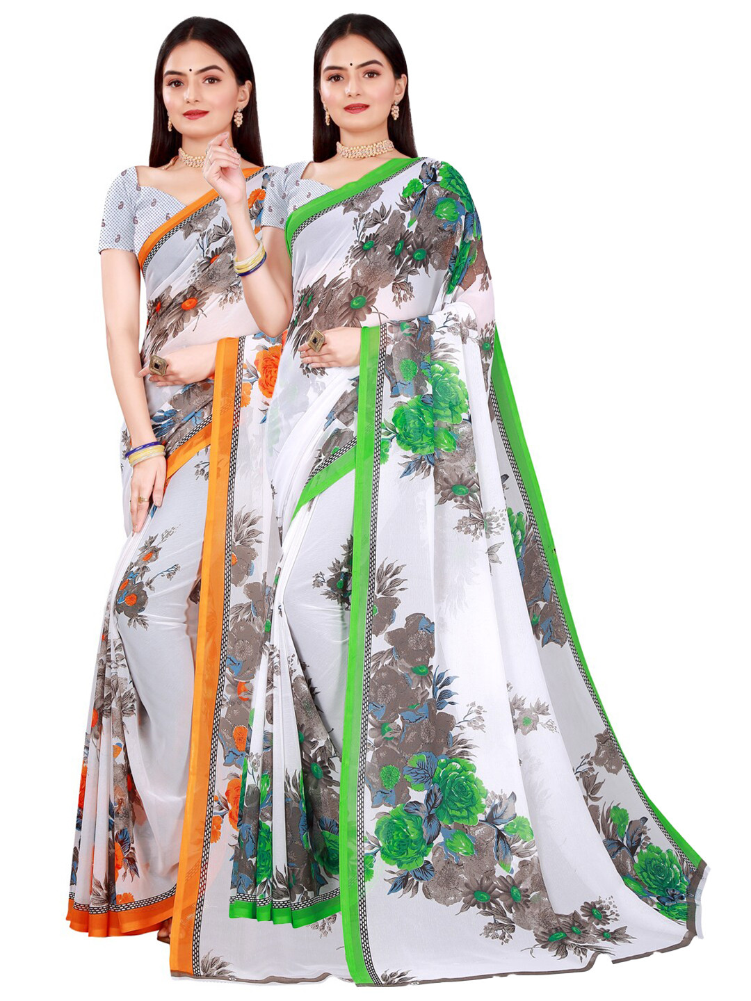 

KALINI White & Orange Pure Georgette Saree