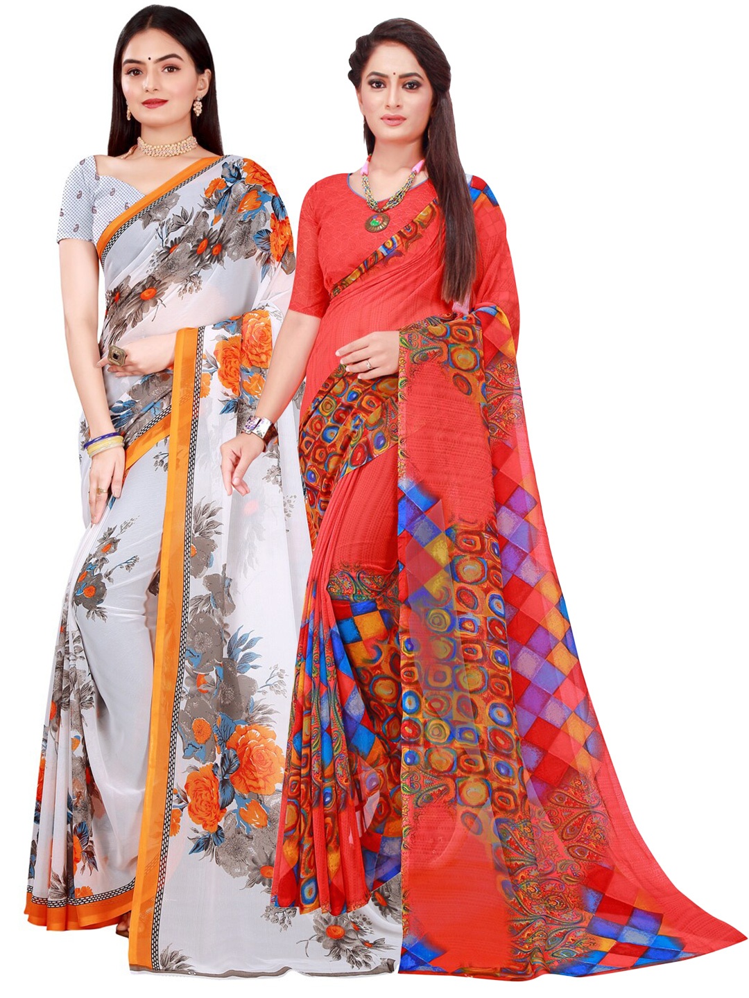 

KALINI White & Red Pure Georgette Saree