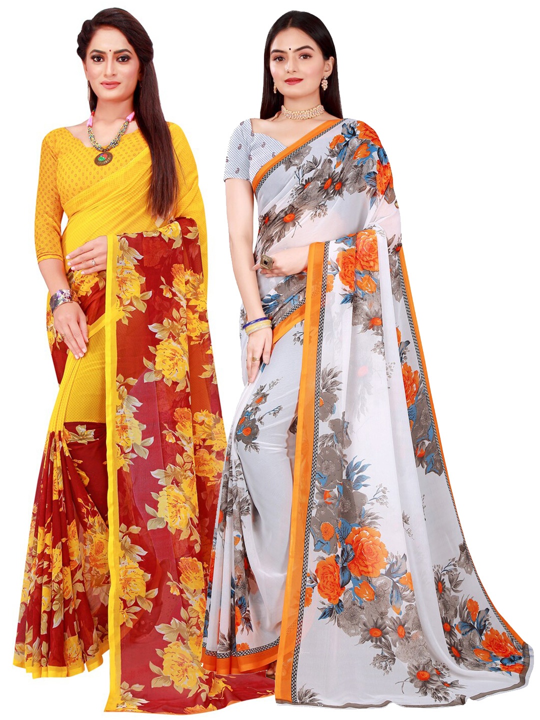 

KALINI White & Yellow Pure Georgette Saree