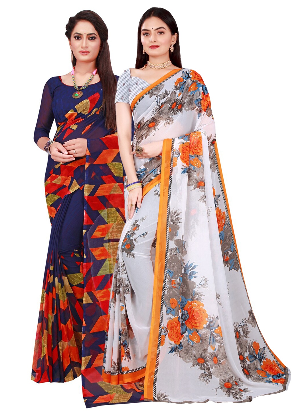 

KALINI White & Navy Blue Pure Georgette Saree