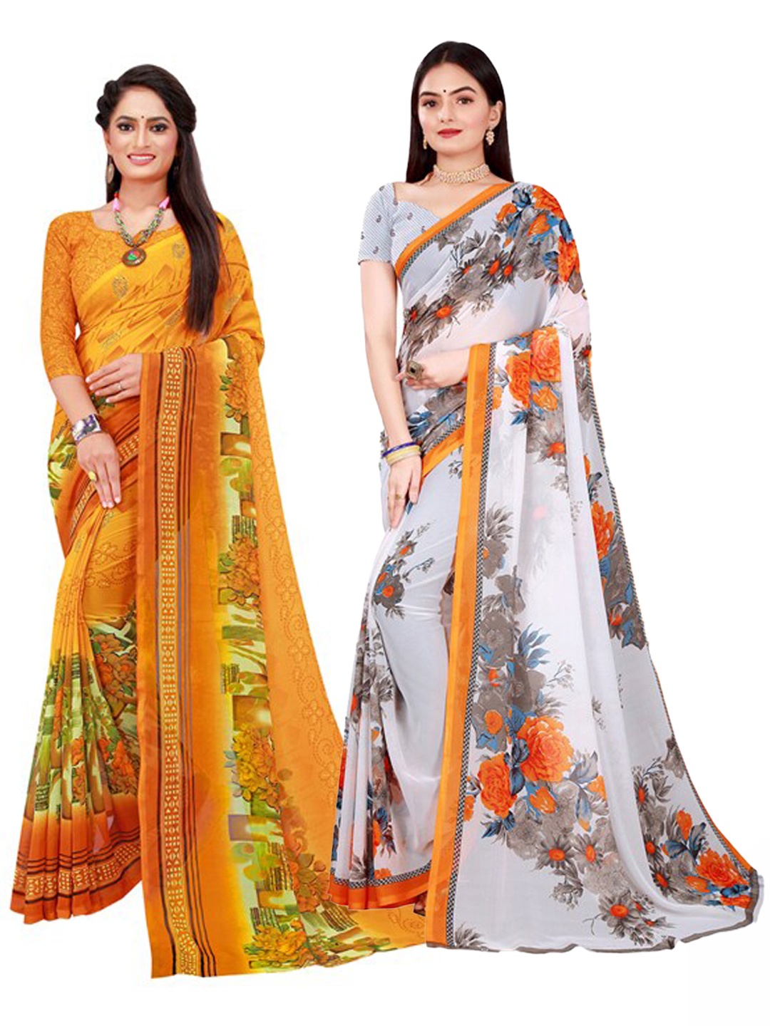 

KALINI White & Yellow Pure Georgette Saree