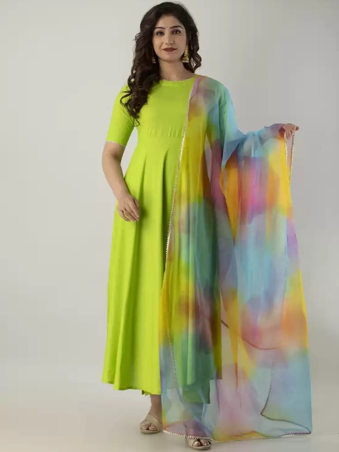 

Meeranshi Women Fluorescent Green Embroidered Panelled Gotta Patti Kurta with Trousers & With Dupatta