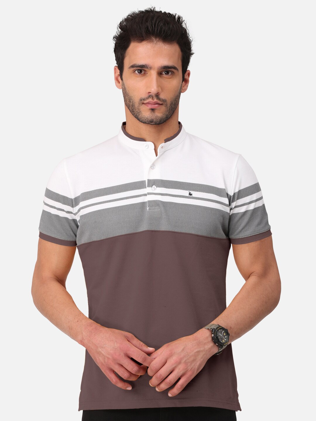 

BULLMER Men Taupe Striped Mandarin Collar Bio Finish T-shirt