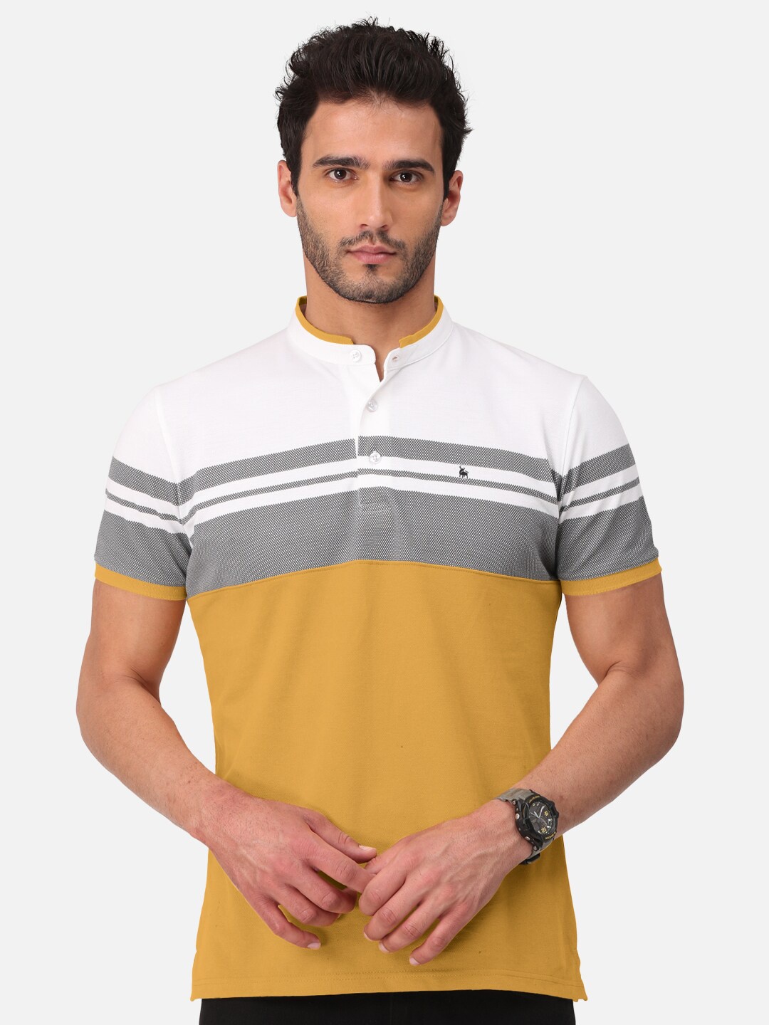 

BULLMER Men Mustard Yellow Striped Mandarin Collar Bio Finish T-shirt