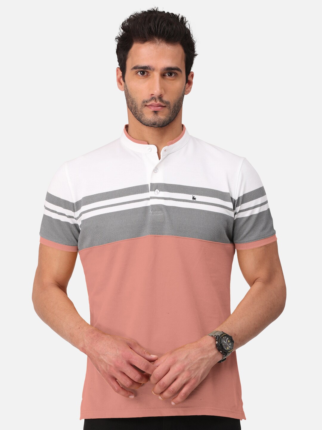 

BULLMER Men Pink Striped Mandarin Collar Bio Finish T-shirt