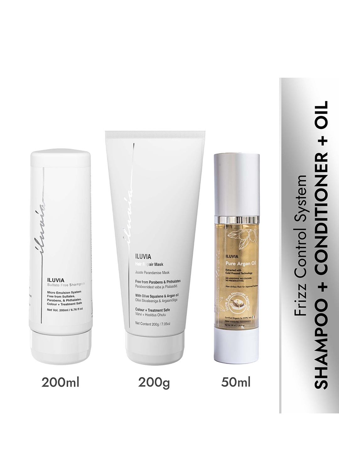 

iluvia Professional Frizz Control System - Shampoo 200ml + Hair Mask 200g + Argan Oil 50ml, White