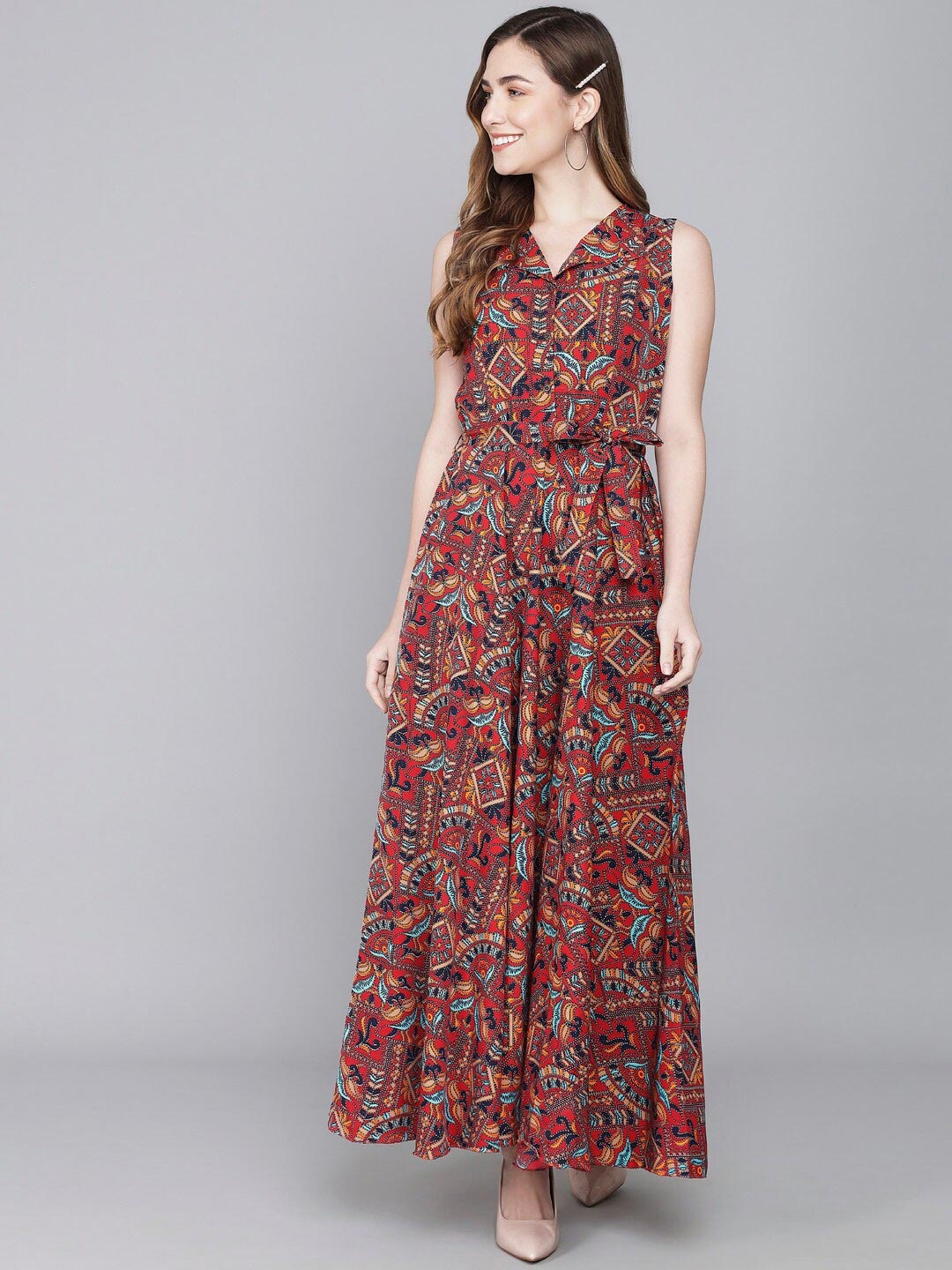 

Rudraaksha Creations Multicoloured & garnet Floral Crepe Maxi Dress, Multi