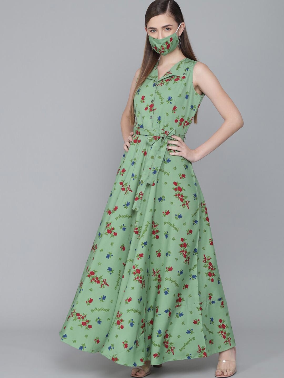 

Rudraaksha Creations Green & columbia blue Floral Crepe Maxi Dress
