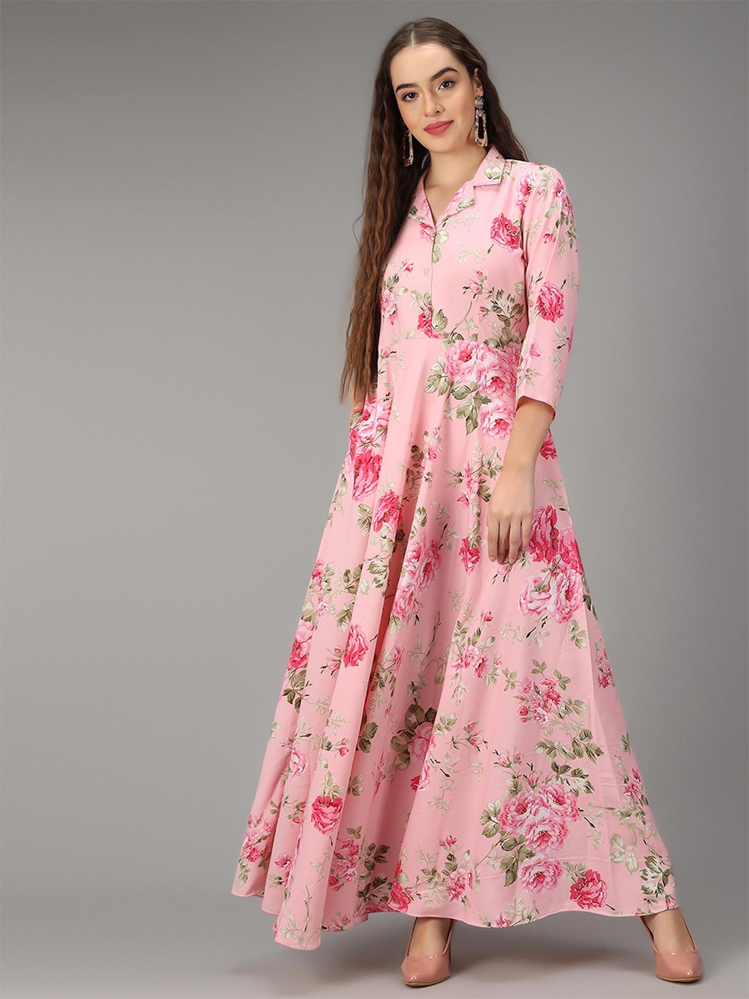 

Rudraaksha Creations Pink & silver foil Floral Crepe Maxi Dress