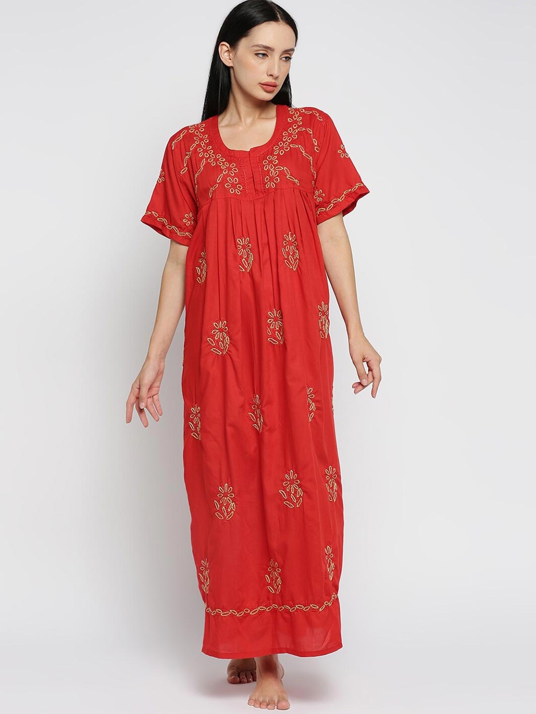 

Indiankala4u Red Embroidered Maxi Nightdress