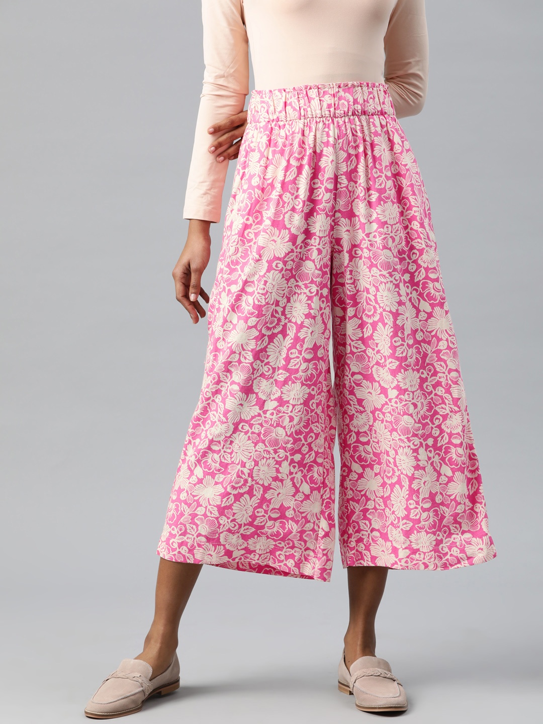 

Marks & Spencer Women Linen Blend Loose Fit Printed Flared High-Rise Culottes Trousers, Pink