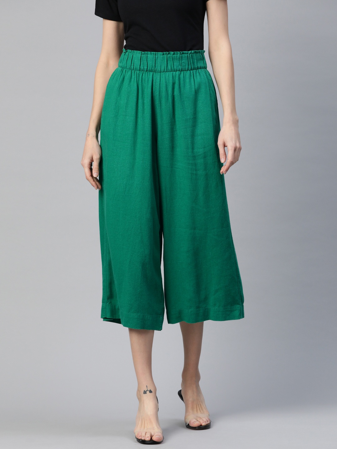 

Marks & Spencer Women Linen Blend Flared High-Rise Culottes Trousers, Green