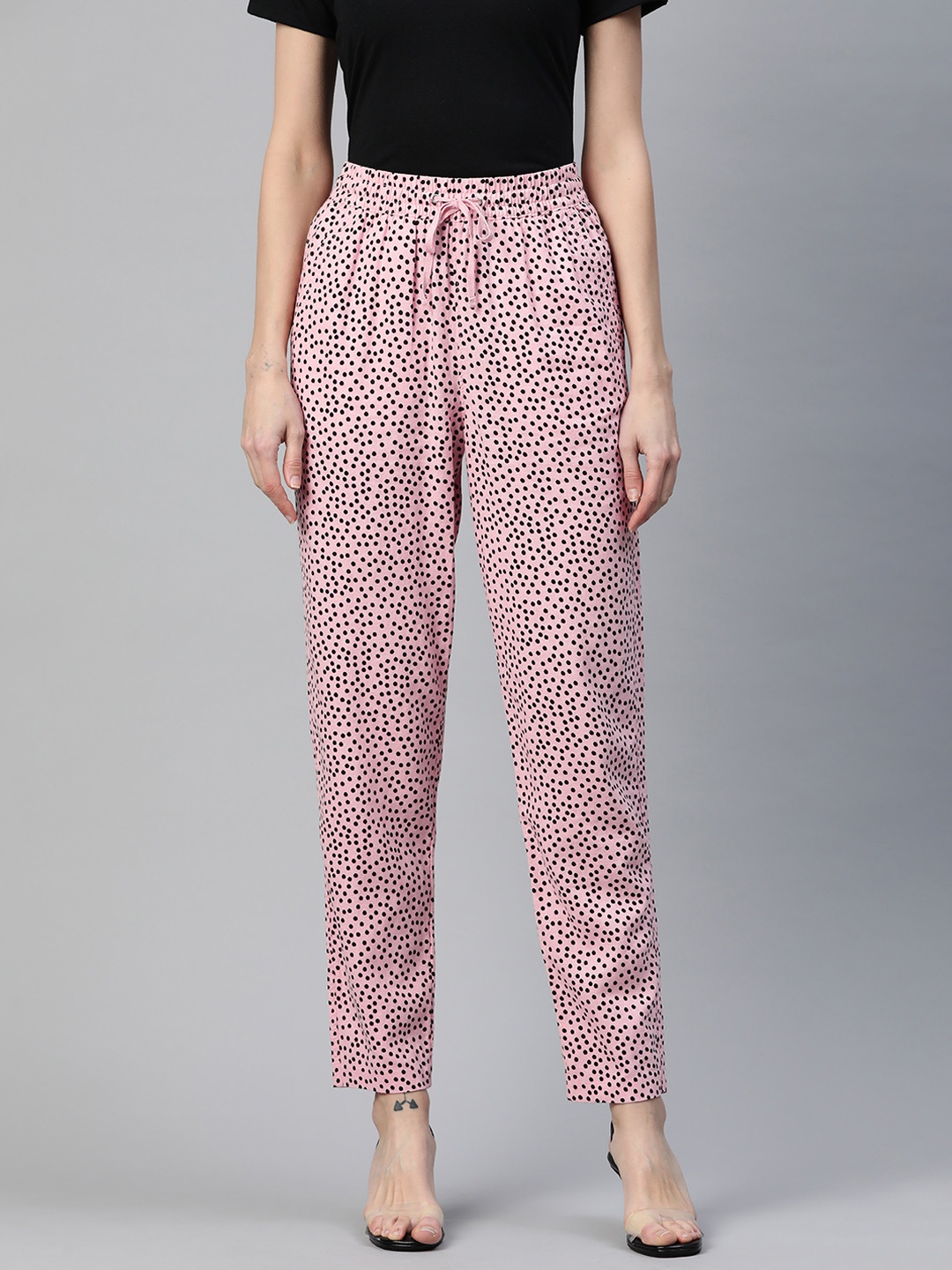 

Marks & Spencer Women Polka Dot Printed Linen Blend High-Rise Trousers, Pink