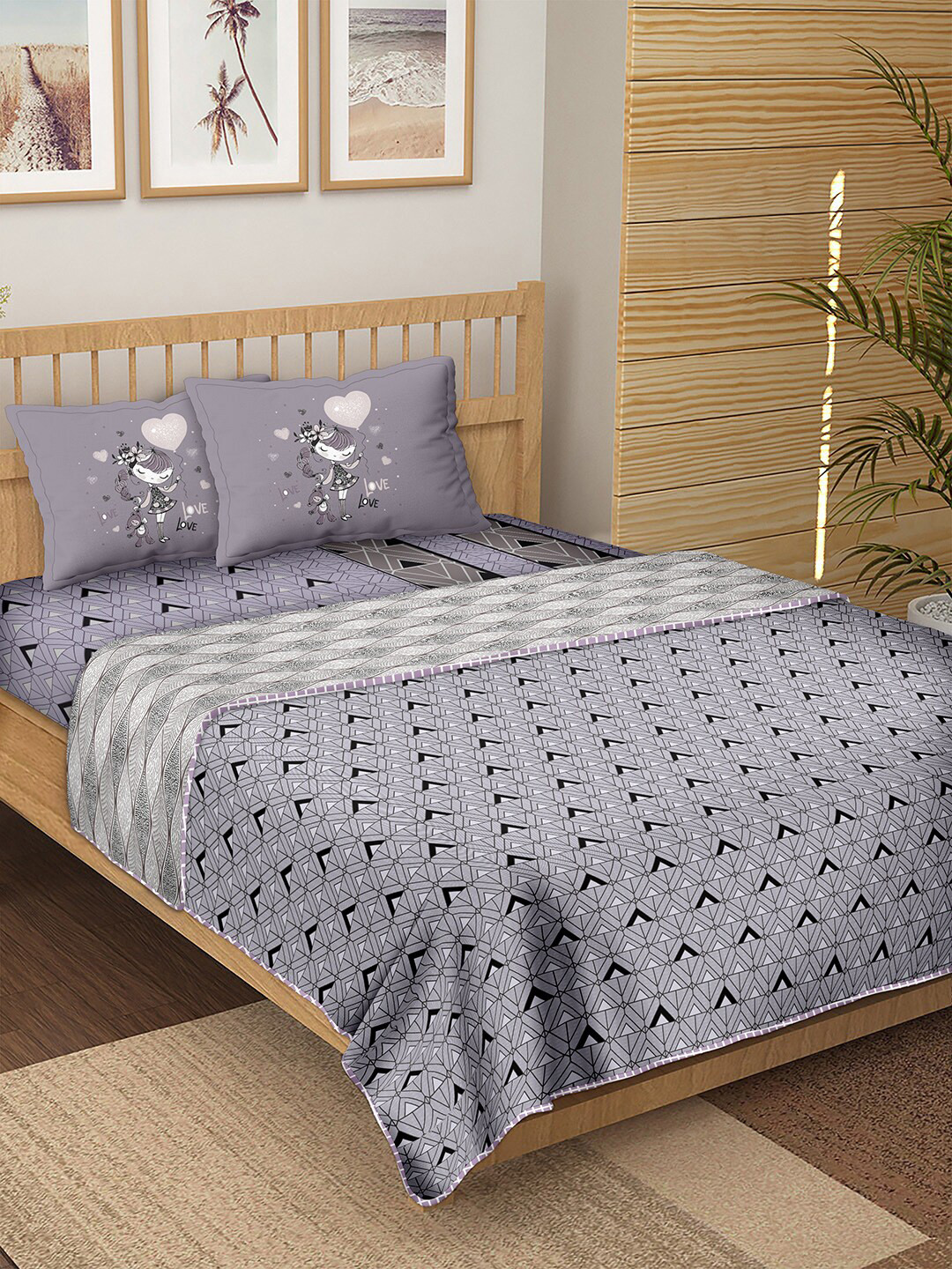 

BELLA CASA Purple Printed Cotton 180TC Double King Bedding Set