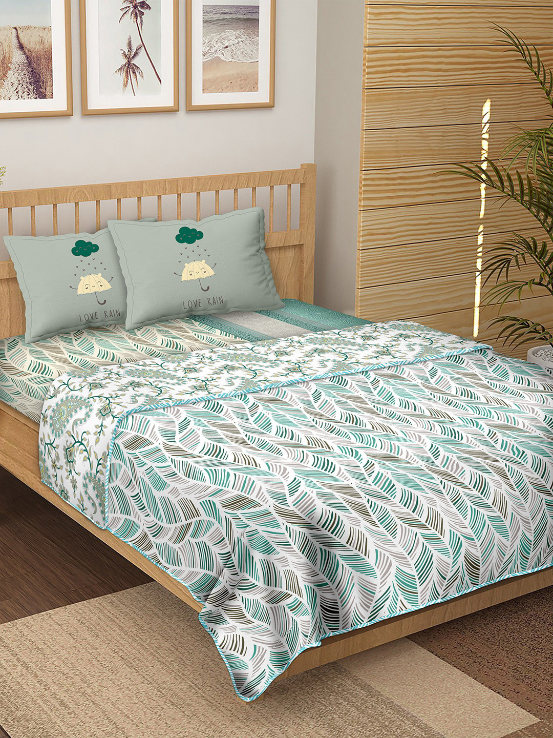 

BELLA CASA Teal Blue & White Printed Cotton 180 TC Double King Bedding Set