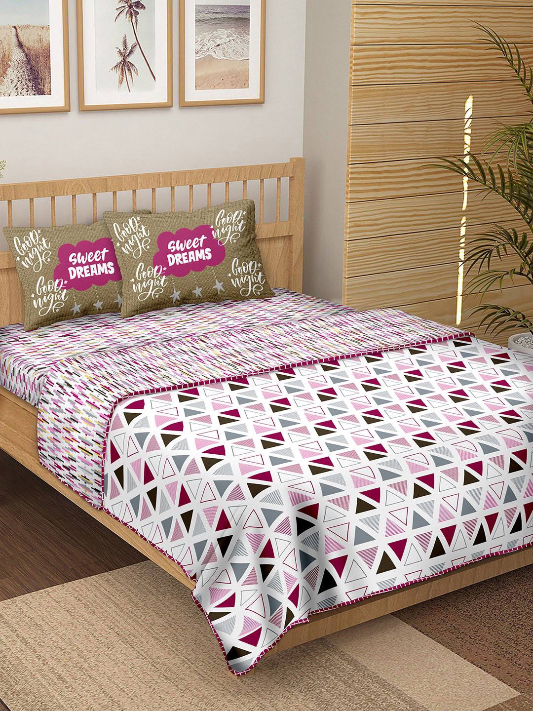 

BELLA CASA Pink & White Printed Cotton 180 TC King Bedding Set