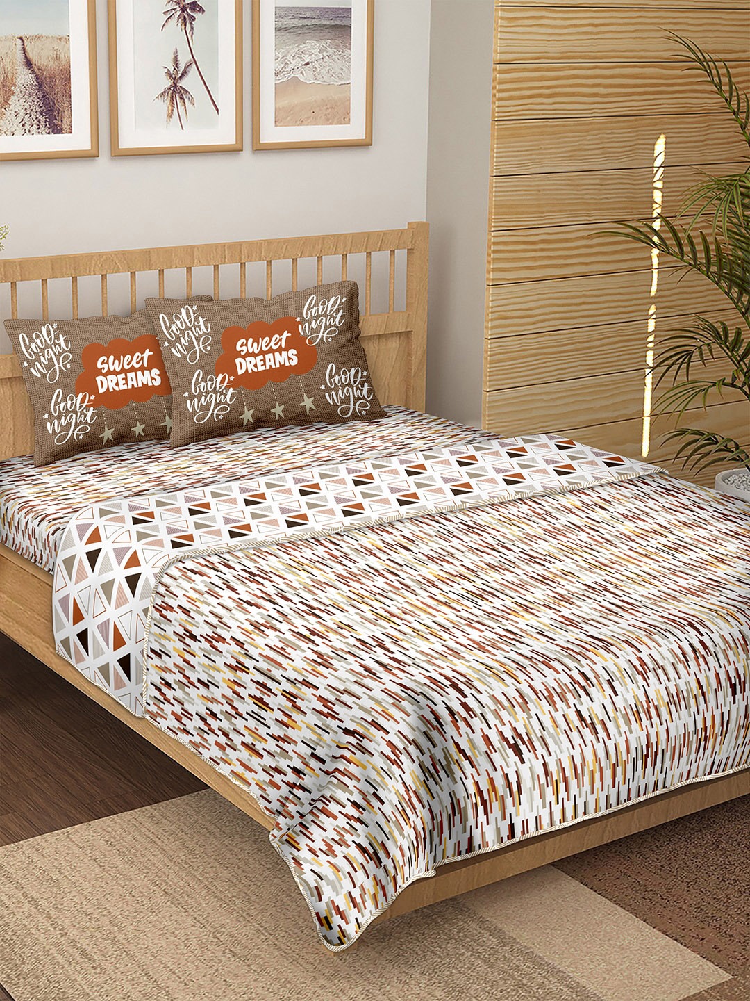 

BELLA CASA Brown & White Printed Cotton 180 TC Double King Bedding Set