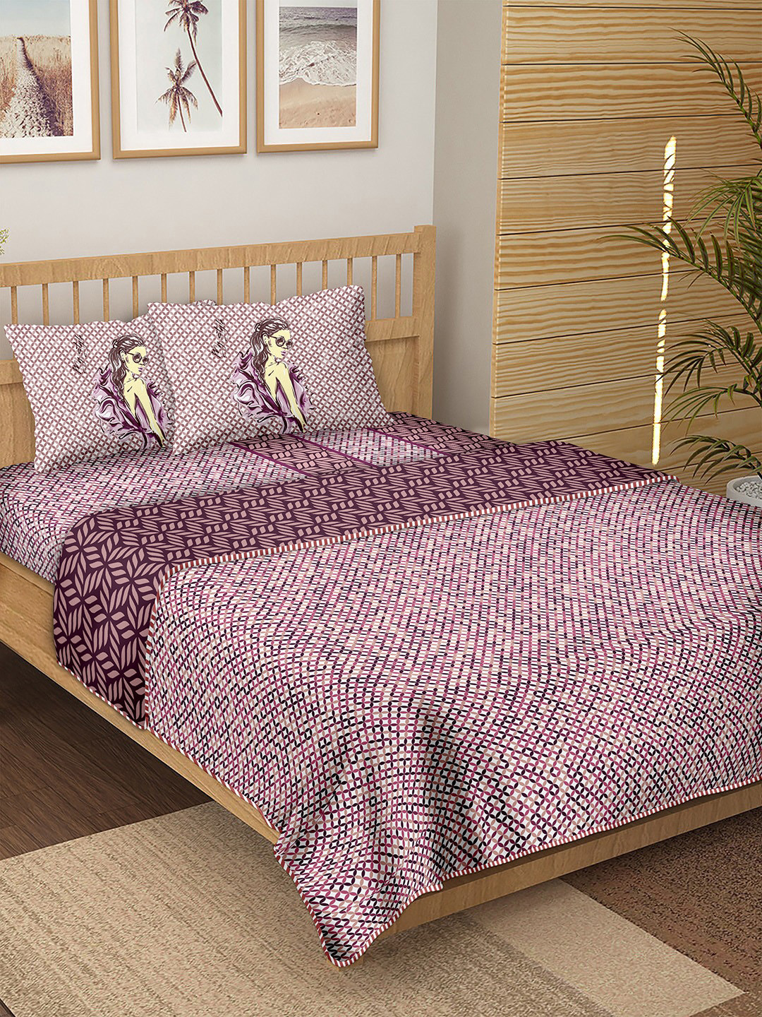 

BELLA CASA Purple Printed 180 TC Cotton Bedding Set
