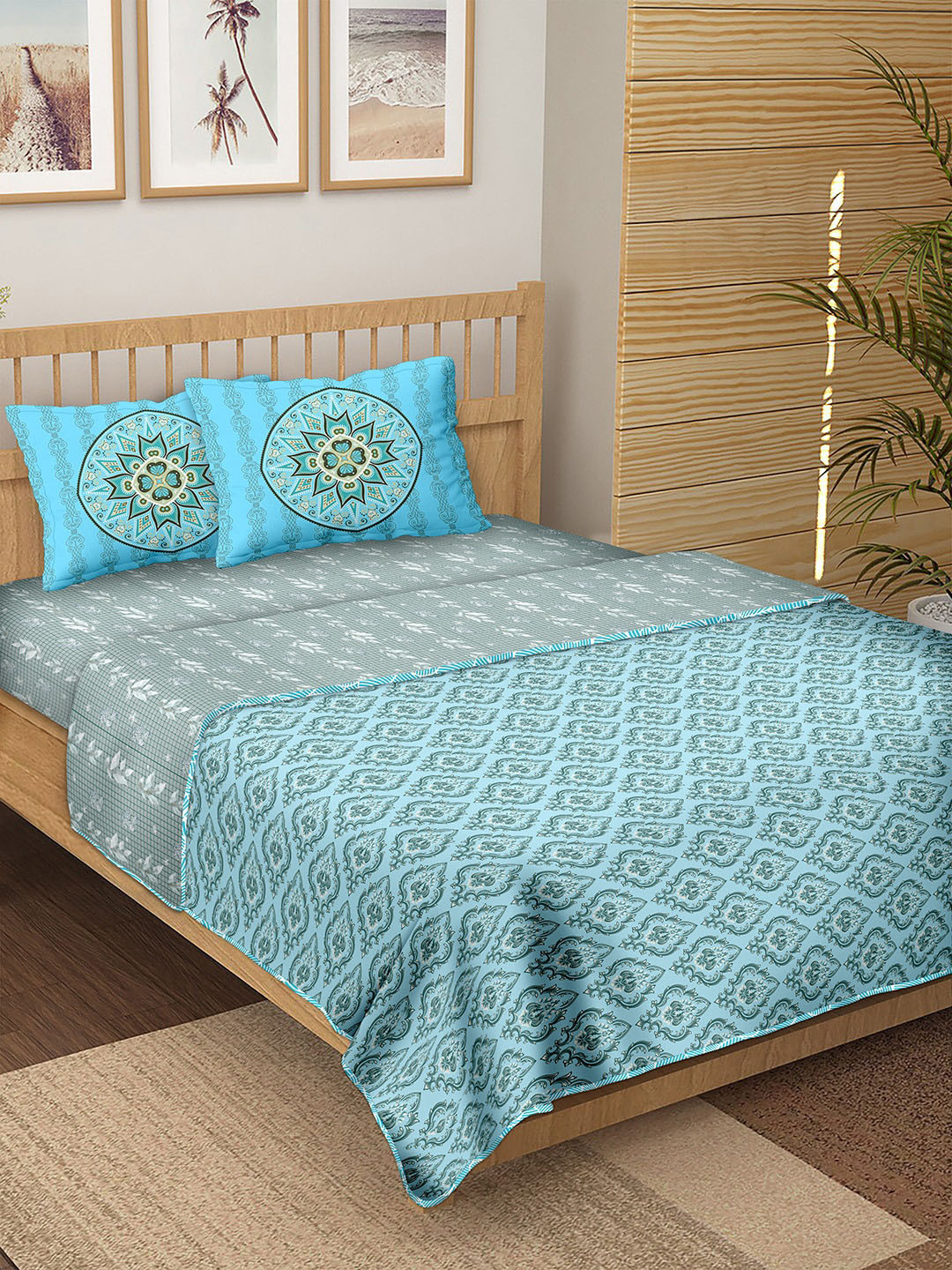

BELLA CASA Blue & Grey Printed Cotton 180 TC Double King Bedding Set