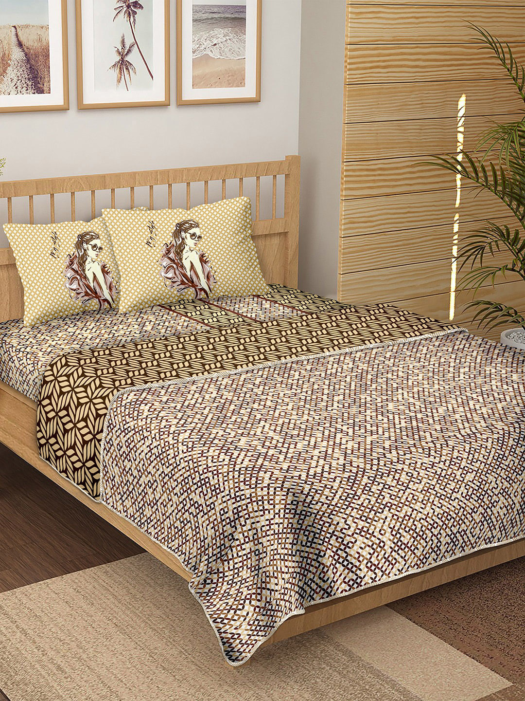

BELLA CASA Brown Printed Cotton 180TC Bedding Set