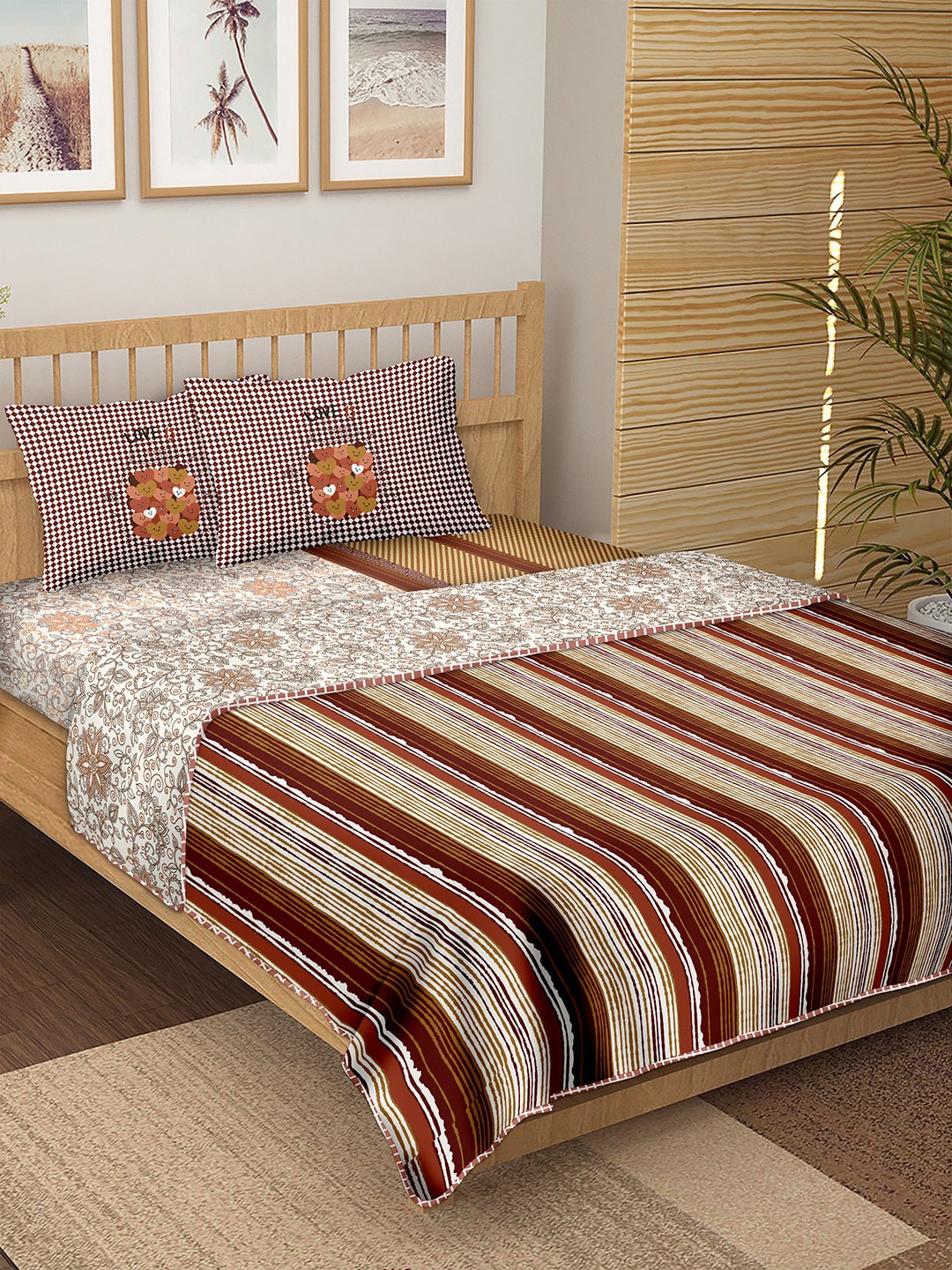 

BELLA CASA Brown & Beige Printed Cotton 180 TC king Bedding Set