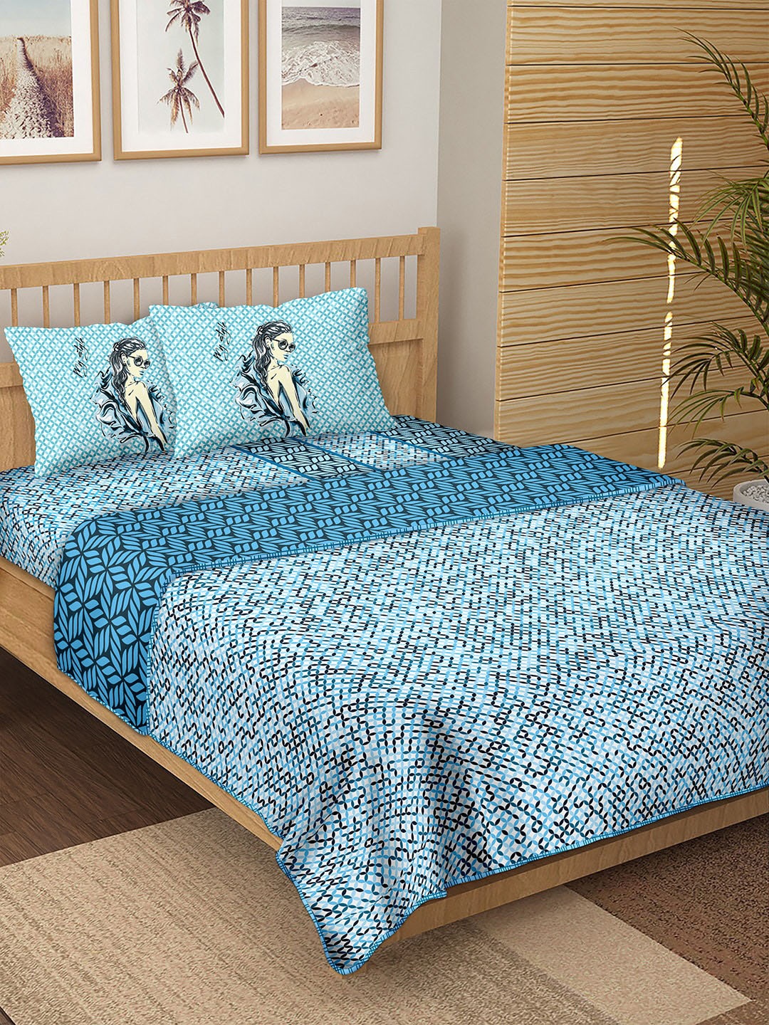 

BELLA CASA Blue & Black Printed Cotton 180 TC Double King Bedding Set