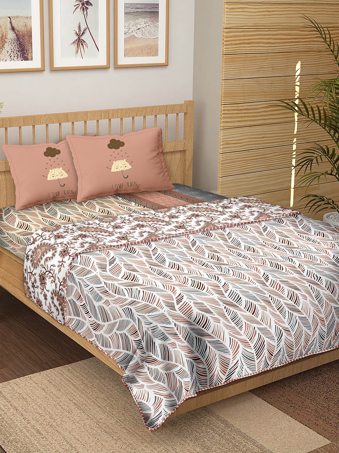 

BELLA CASA Brown & White Printed Cotton 180 TC Double King Bedding Set