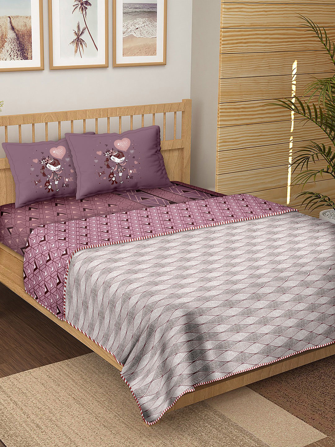 

BELLA CASA Pink Printed Cotton 180 TC Double King Bedding Set
