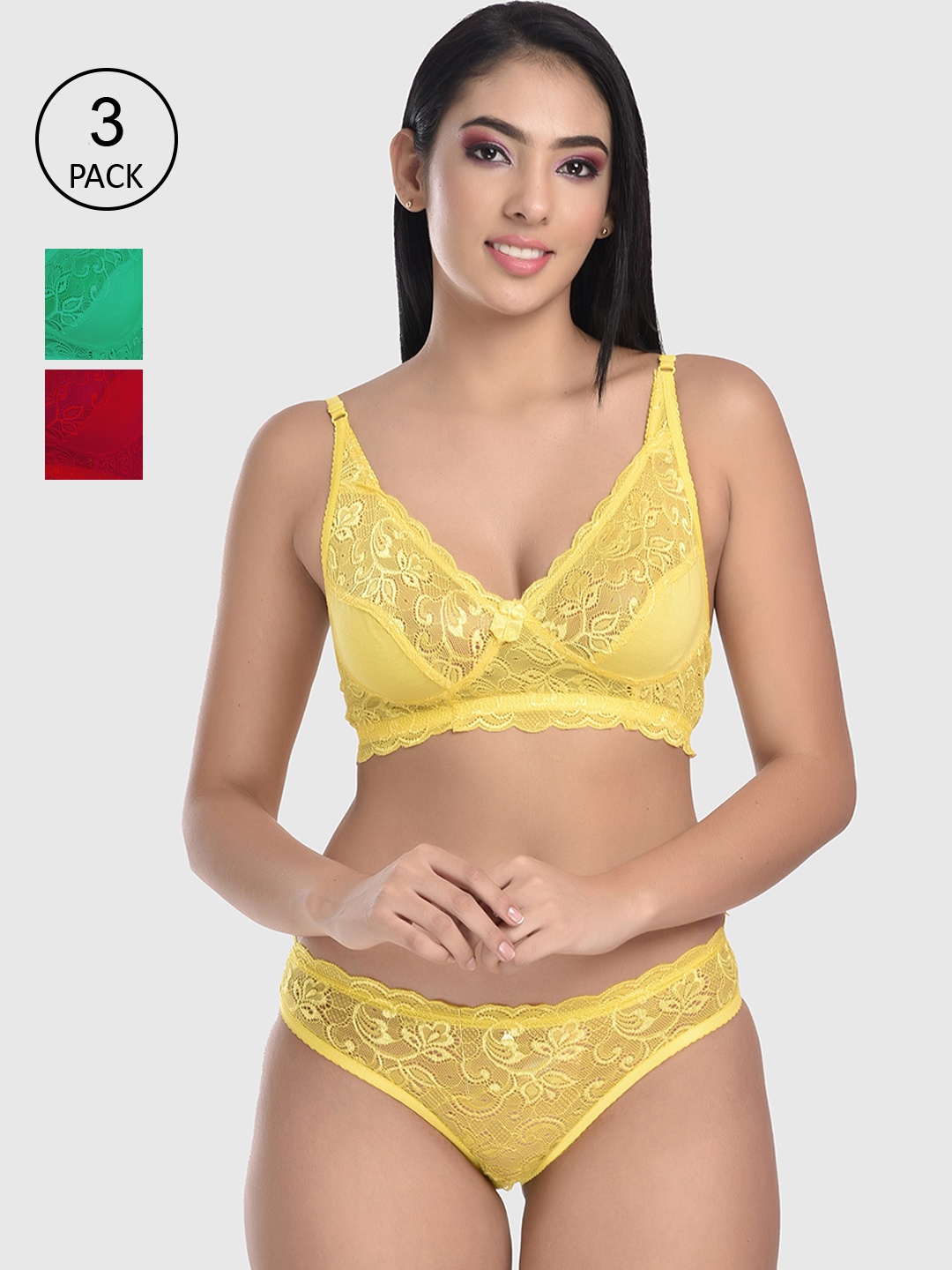 

FIMS Set Of 3 Women Printed Cotton Lace Lingerie Set VAN:I-ten_Set_Packof3_YellowGreenMaroon, Yellow