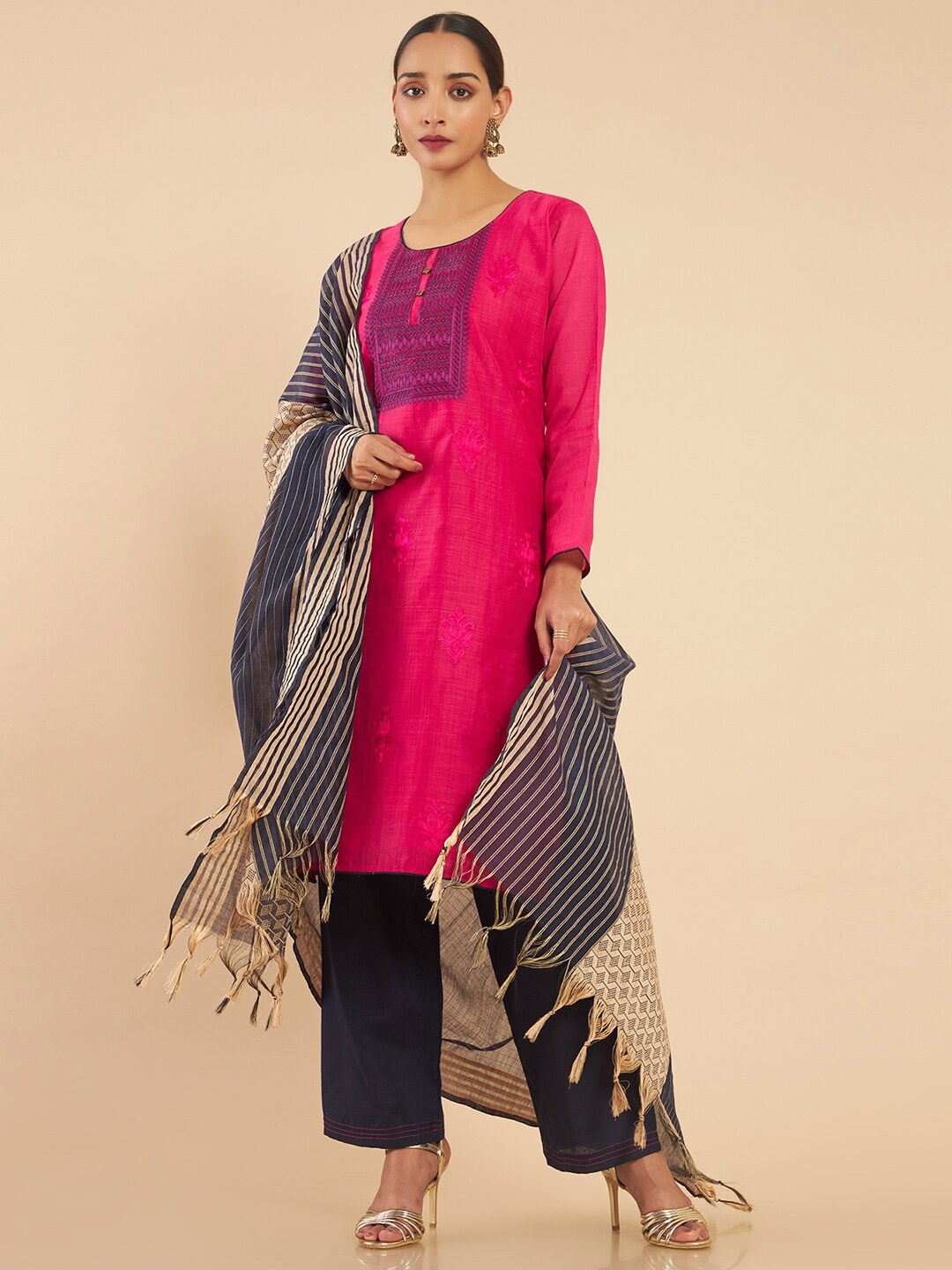 

Soch Magenta & Blue Embroidered Art Silk Unstitched Dress Material