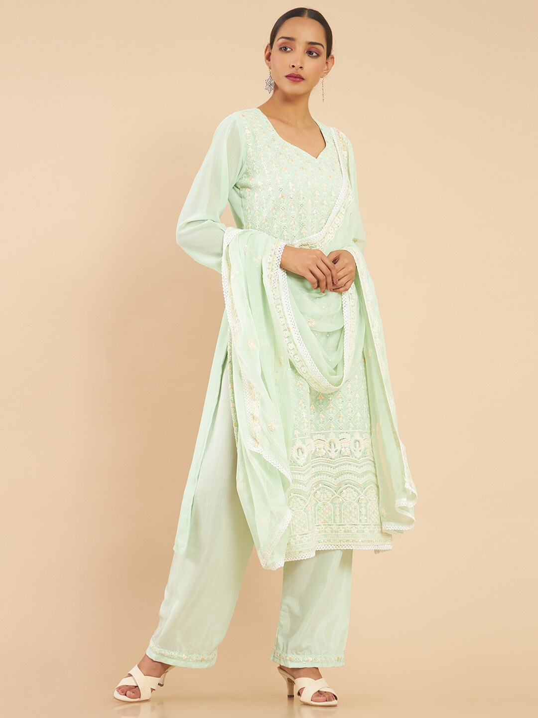 

Soch Green & Gold-Toned Embroidered Unstitched Dress Material