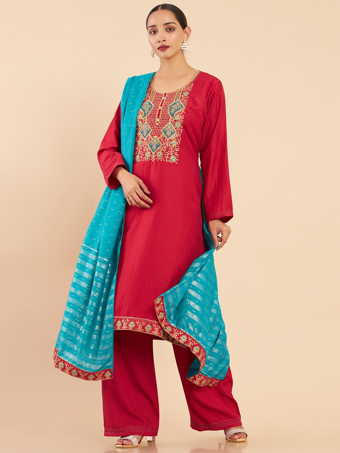 

Soch Red & Blue Embroidered Art Silk Unstitched Dress Material