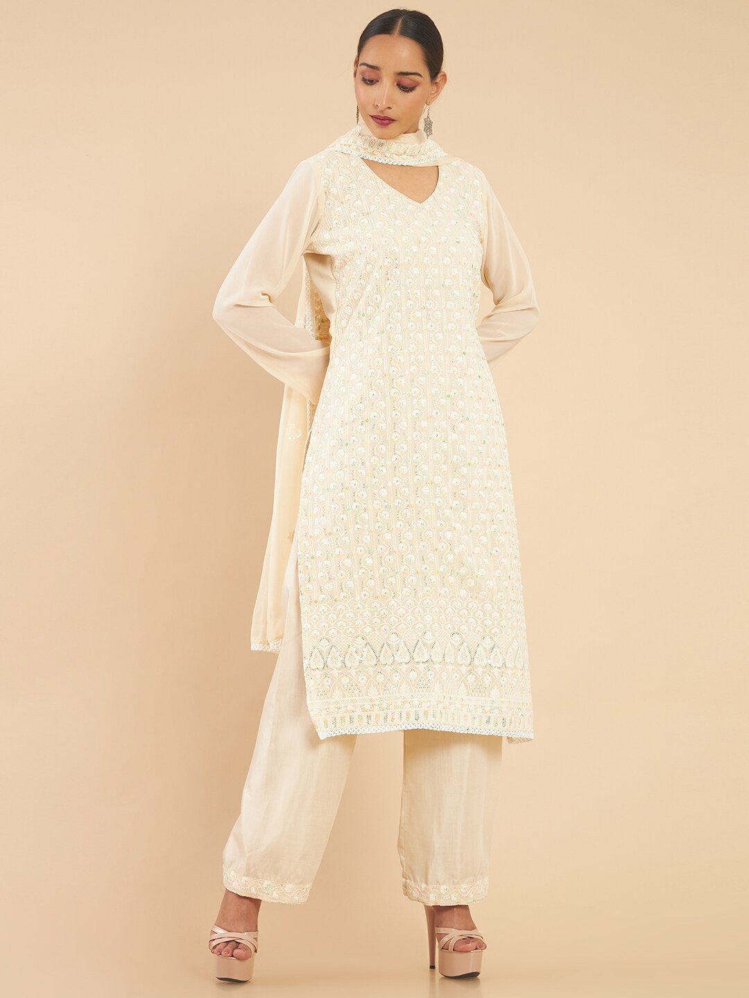 

Soch Beige & White Embroidered Unstitched Dress Material