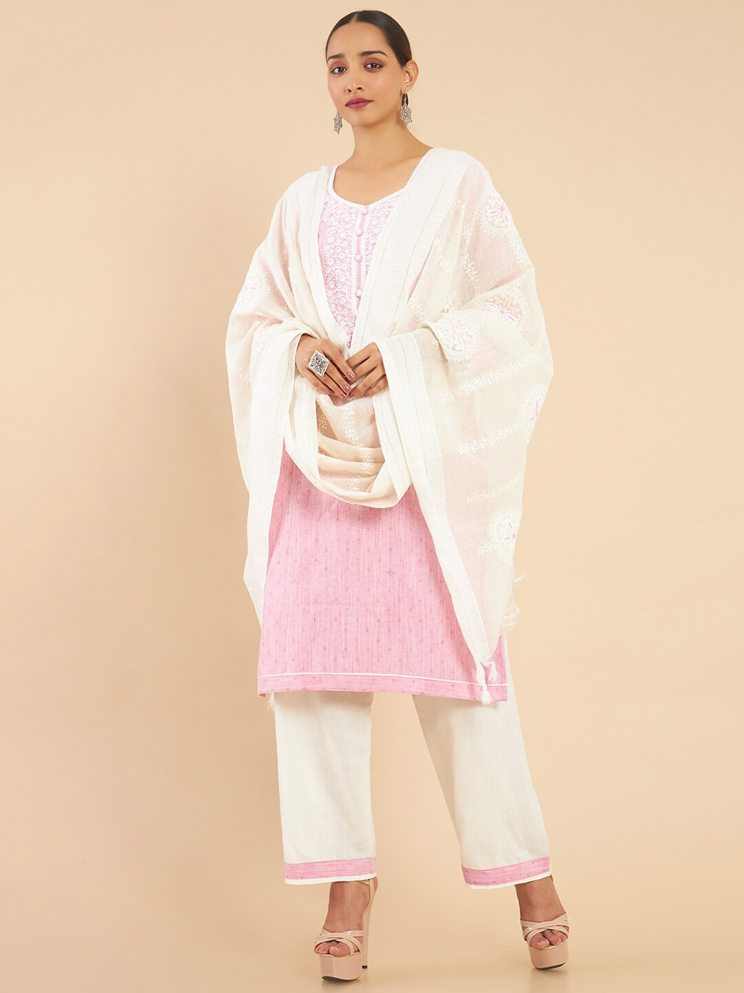 

Soch Pink & Cream-Coloured Embroidered Pure Cotton Unstitched Dress Material