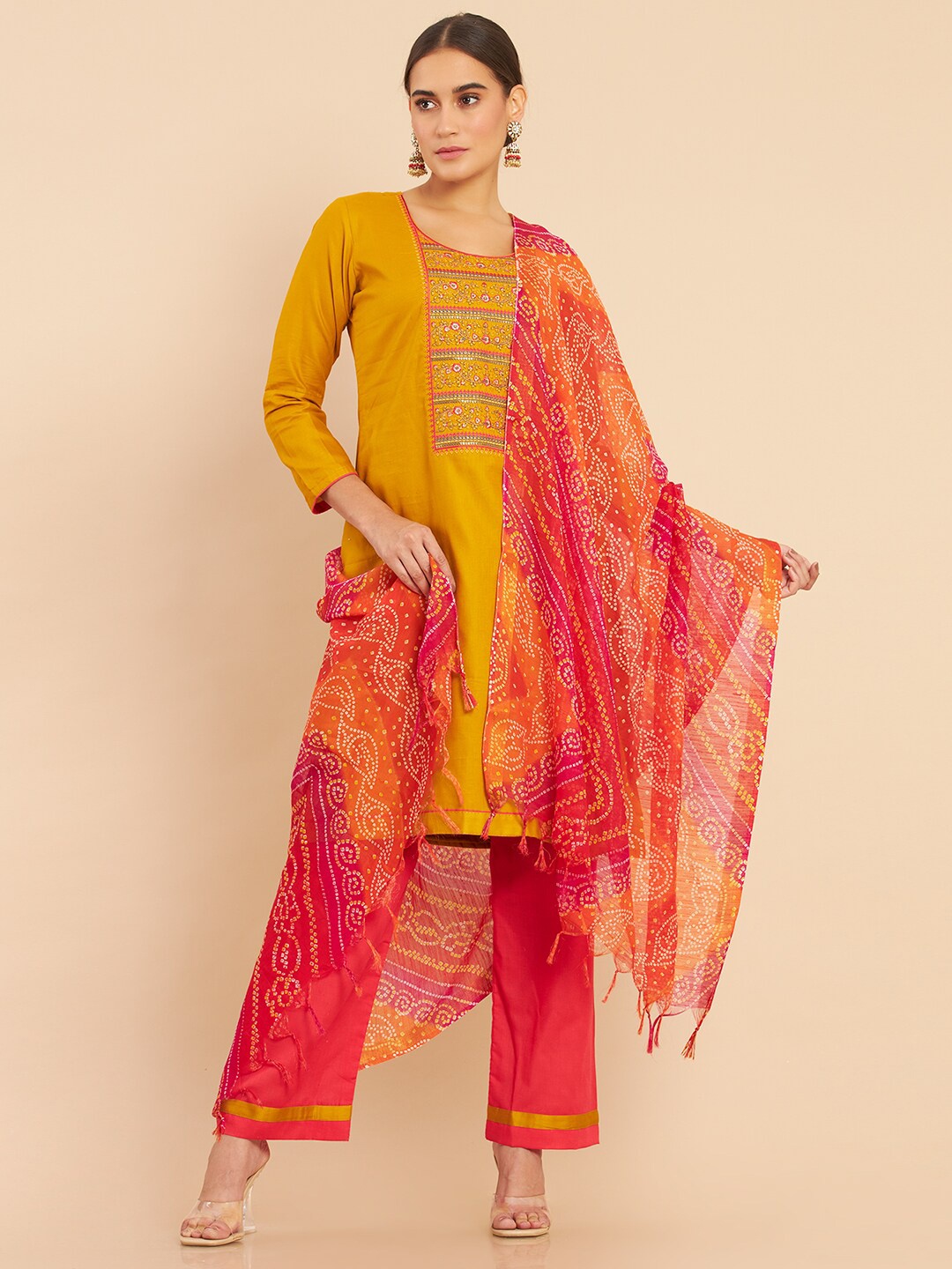 

Soch Yellow & Red Embroidered Pure Cotton Unstitched Dress Material