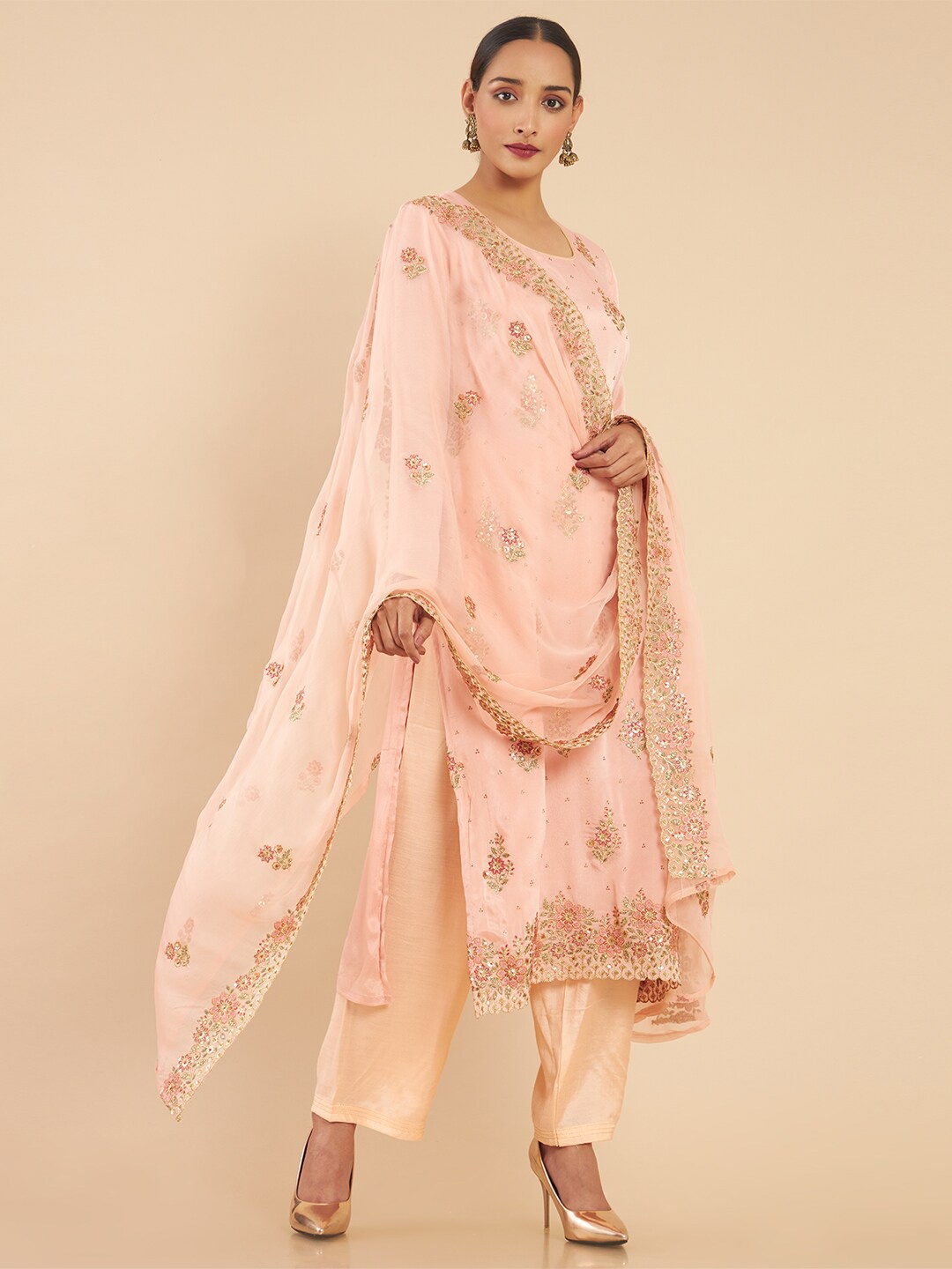 

Soch Peach-Coloured & Gold-Toned Embroidered Unstitched Dress Material