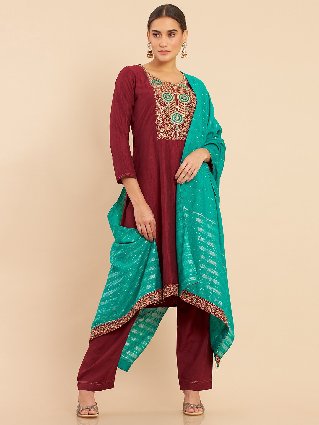 

Soch Maroon & Blue Embroidered Art Silk Unstitched Dress Material