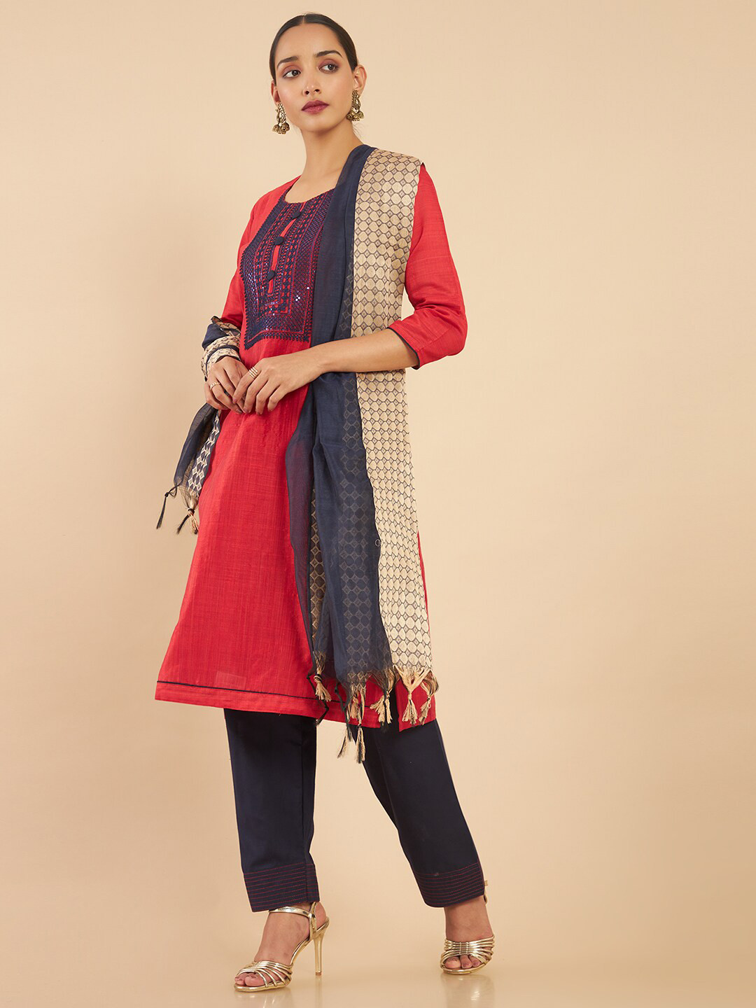 

Soch Red & Cream-Coloured Embroidered Art Silk Unstitched Dress Material