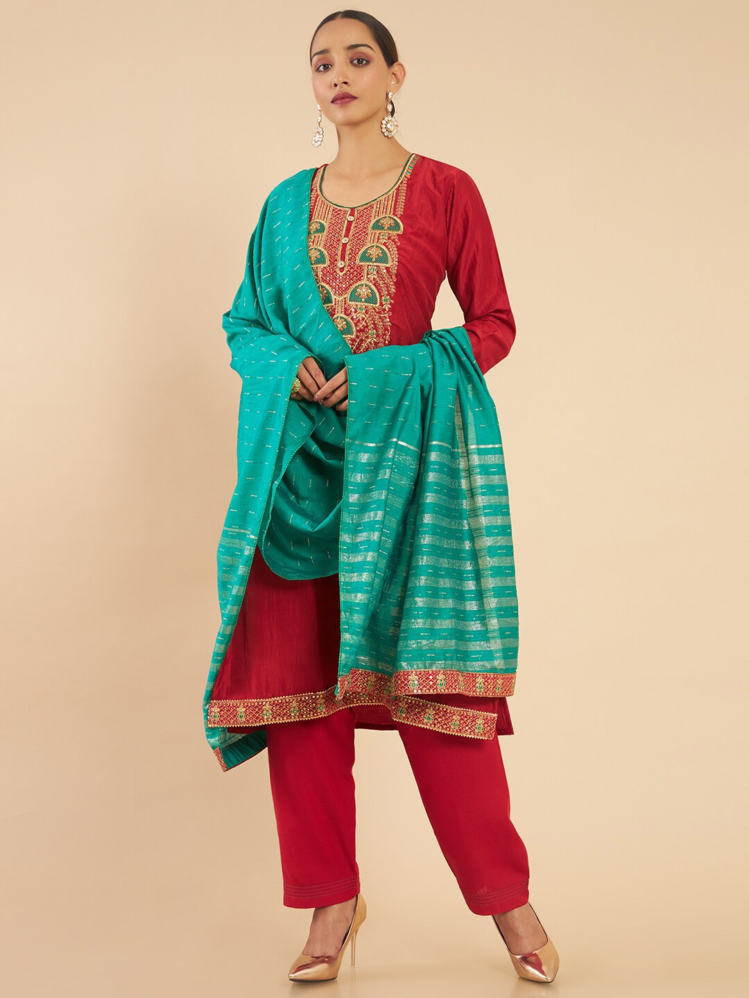 

Soch Orange & Green Embroidered Art Silk Unstitched Dress Material